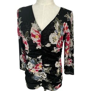 WHBM Black Floral Ruched V Neck 3/4 Sleeve Top Women's Fashion Blouse Reversible